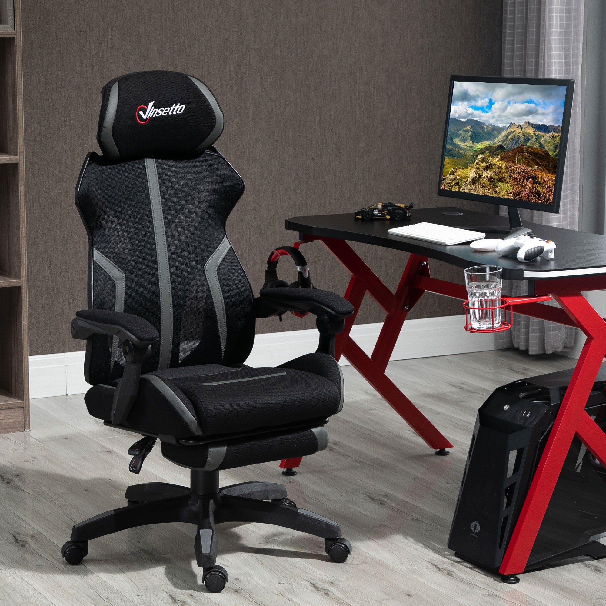 Vinsetto Mesh Office Chair Desk Task Computer Recliner with Footrest, Lumbar Back Support, Swivel Wheels, Adjustable Height for Home, Black Grey